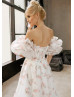 Floral Print Organza Wedding Dress With Removable Puff Sleeves